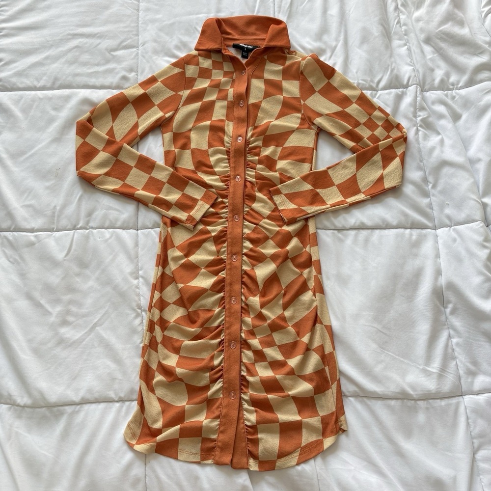 Womens 6 Mini Dress Long Sleeve Orange Summer Patchwork 70s Inspired Whimsy